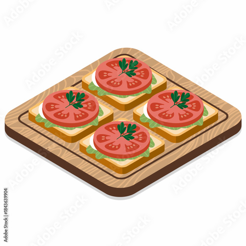 A beautifully arranged platter of four open-faced sandwiches topped with fresh tomatoes and greens that showcase vibrant colors, perfect for a light meal or appetizer.