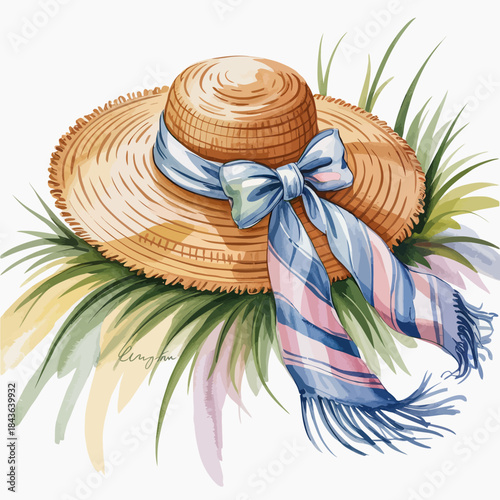 A beautifully designed straw hat placed on lush greenery, emphasizing relaxation and sunny outdoor activities, perfect for summer adventures and fashion accessories.