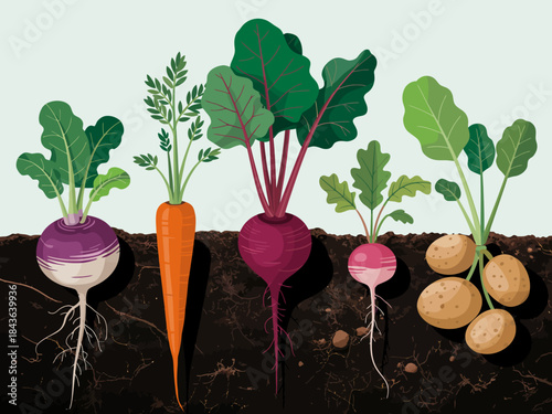 A vibrant display of fresh root vegetables such as carrots and turnips emerging from rich soil, highlighting the beauty of organic gardening and healthy eating.