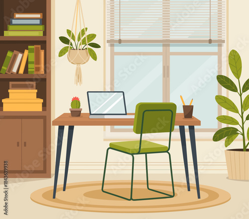 A tidy workspace featuring a green chair, a wooden desk, laptop, and potted plants, bathed in natural light creating a warm and inviting atmosphere for productivity.