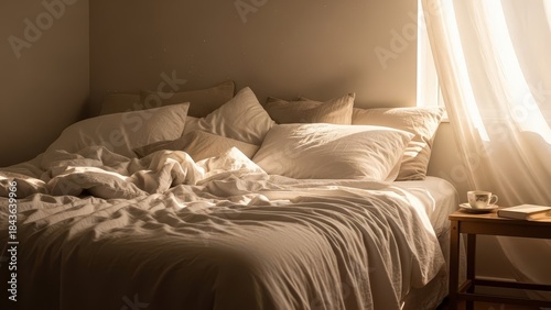 Cozy unmade bed with rumpled white sheets and pillows in a warmly lit bedroom with sunlight streaming through sheer curtains
