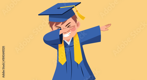 A jubilant graduating student celebrating with a 'dab' pose on graduation day illustration