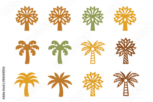 Twelve varied colorful tree icons form a decorative, natureinspired, and minimalist collage on white