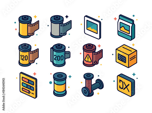 Film Icons Collection. Film Types. Colorful isometric vector ico