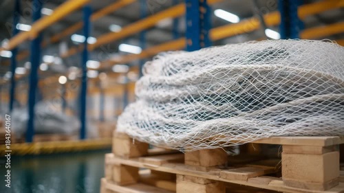 277Close-up of durable synthetic fishing nets resting on metal shelving, natural light accentuating the fine threads and tidy organization within a ventilated warehouse