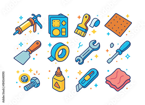 DIY Tools Icons. DIY fixes. Colorful isometric vector icons set