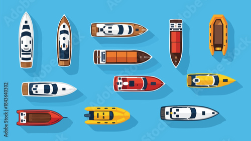 Collection of Diverse Boats and Vessels from Birds-Eye View on Blue Background.