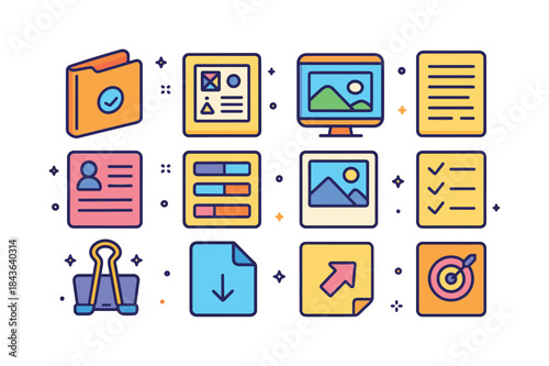 Colorful Portfolio Icons. Portfolio building. Colorful isometric