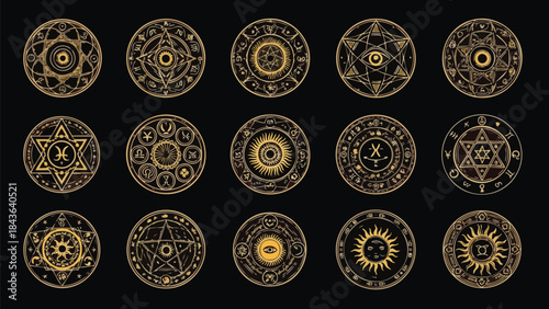 Collection of Golden Magical Seals and Runes on Black Background for Mystical and Occult Design.