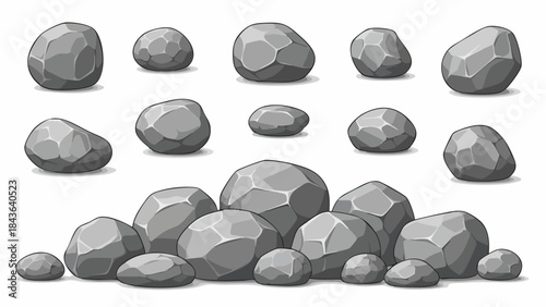 Collection of Illustrated Grey Rocks and Stones on White Background.
