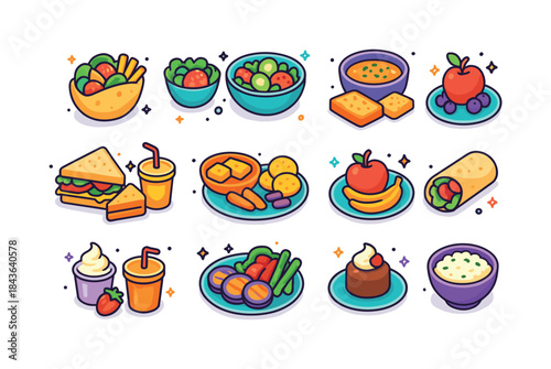 Colorful Lunch Icons. Lunch meal sets. Colorful isometric vector