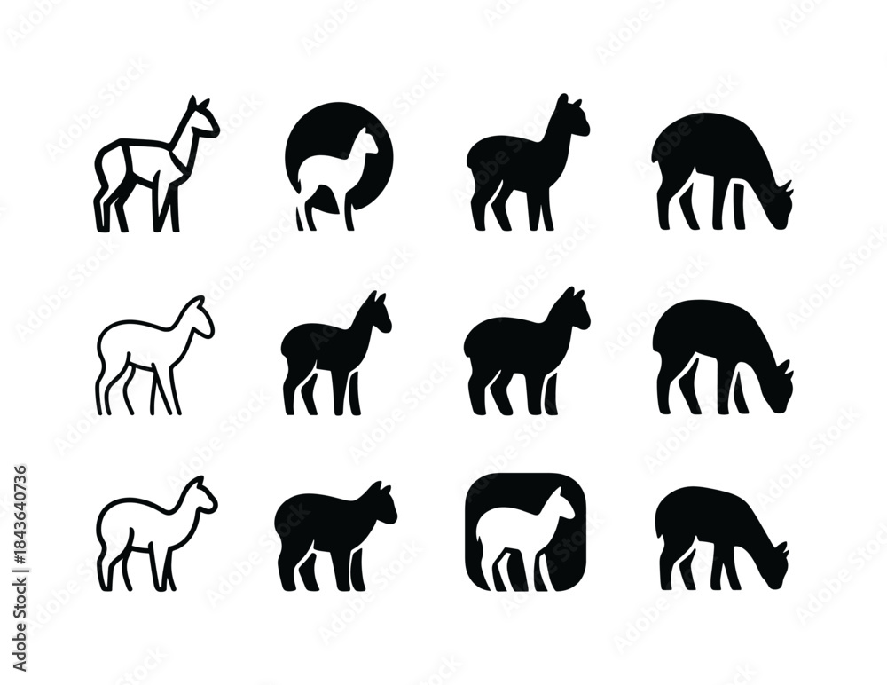 Obraz premium Alpaca Logo Variations. Alpacas grazing. Icon set. Set Logo of a