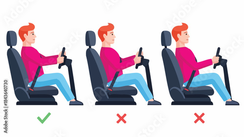 Correct and incorrect driving posture illustration showing seat belt usage and steering wheel position.
