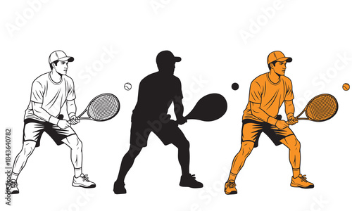 Three styles of tennis player hitting a ball outline, silhouette, and orange fill