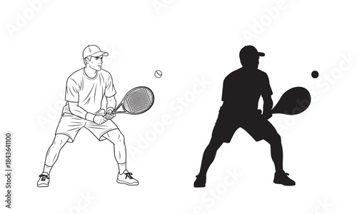 Tennis player serving or hitting ball outline and silhouette
