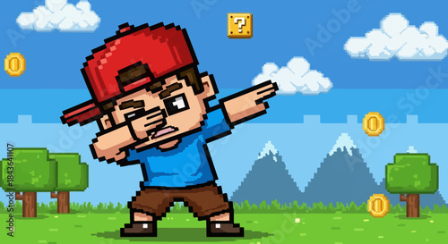 Pixelated game character doing the dab on a bright colorful game background landscape