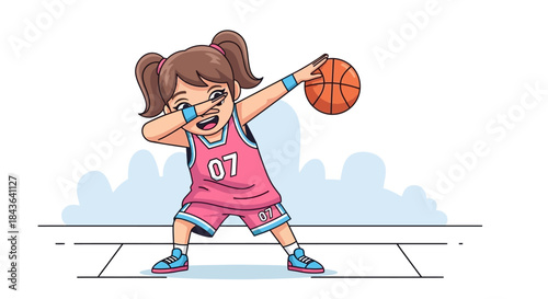 Cartoon girl in basketball uniform dabbing while holding a ball ready for a match or competition