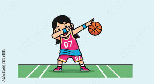 Cartoon girl in basketball uniform doing the dab with a basketball in hand and the court