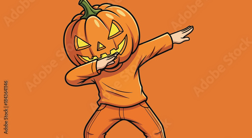 Cartoon pumpkin character wearing an orange outfit is dabbing with joy, Halloween themed image