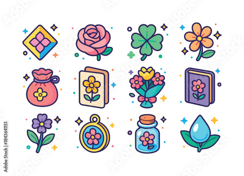 Floral Icon Collection. Floral Treasures. Colorful isometric vec