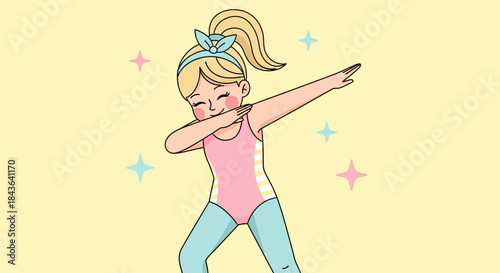 Illustration of a cute young girl dabbing with retro style, showing confidence and positive energy