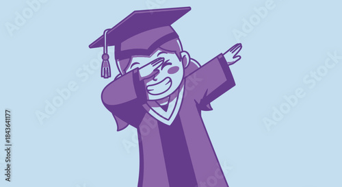 Animated female graduate dabbing in purple gown and cap celebrating success
