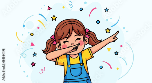 Cheerful cartoon girl dabbing with confetti and stars surrounding her celebration happiness fun