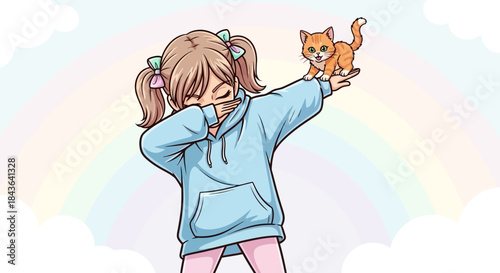Cute Cartoon Girl Dabbing with a Kitten on Her Hand in Front of a Rainbow Background