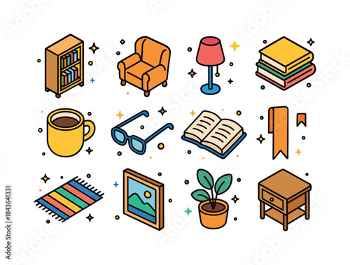 Vibrant Home Library Icons. Home library. Colorful isometric vec
