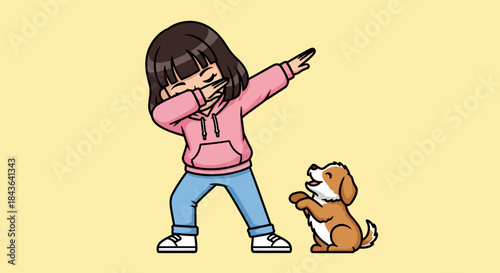 Cartoon illustration of a girl dabbing with a cute dog, depicting friendship and happiness in a