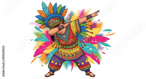Cartoon Illustration of a Boy in Indigenous Attire Dabbing with Colorful Background