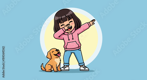 Cartoon of a girl with a dog performing a dab dance on light blue background
