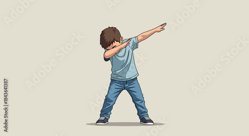 Illustrated young boy in casual attire executing a 'dab' dance move confidently on background