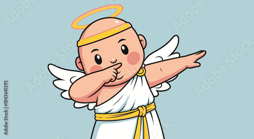 Adorable baby angel dabbing with halo and wings in cartoon style illustration