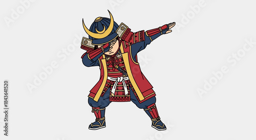 Illustration of a Samurai warrior doing the dab dance in a red and blue costume isolated on a