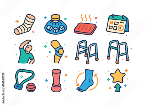Colorful Rehab Icons. Post-injury rehab. Colorful isometric vect