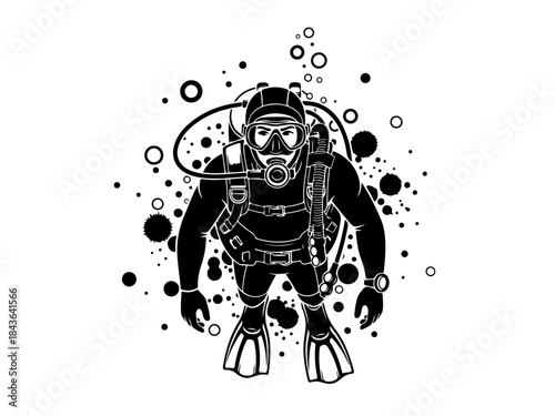 Black silhouette graphic of a scuba diver with full gear, surrounded by abstract bubbles on a white background, depicting an underwater adventure.