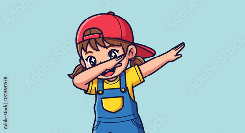 Cute Cartoon Girl Dabbing with a Red Cap on a Light Blue Background Illustration