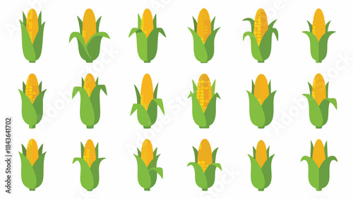 Seamless pattern of cartoon corn cobs with green husks, representing food and agriculture.
