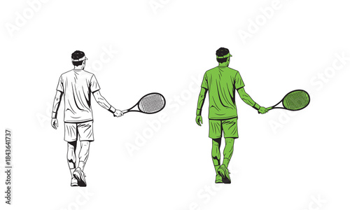 Tennis player walking away holding racket back view two styles