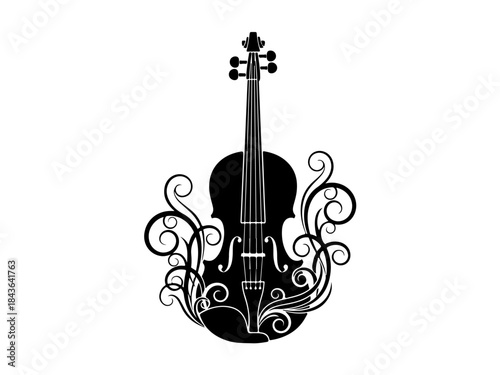 A stylized black silhouette of a violin adorned with elegant swirling decorative elements.