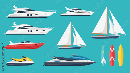 Vector Set of Yachts and Watercraft, Illustrating Water Sports and Luxury Vessels.