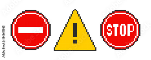 Stop road sign. Pixel art warning signs, road signs 8 bit stop.