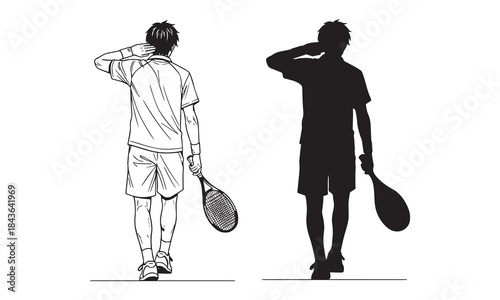 Tennis player silhouette and outline walking away with racket