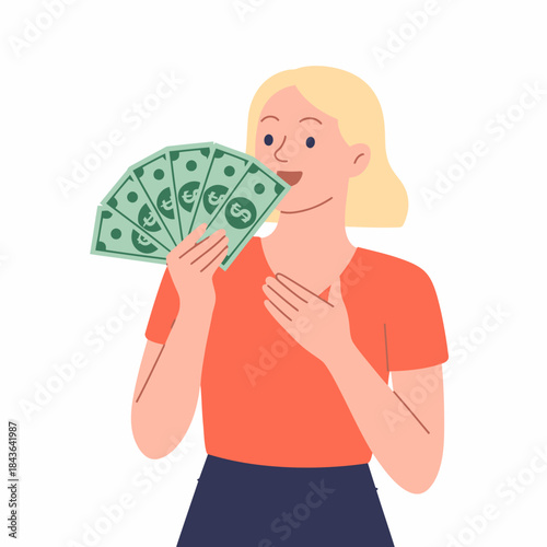 An enthusiastic woman holding a stack of cash, radiating happiness and excitement, symbolizing financial success and the joys of wealth in a dynamic and vibrant illustration.