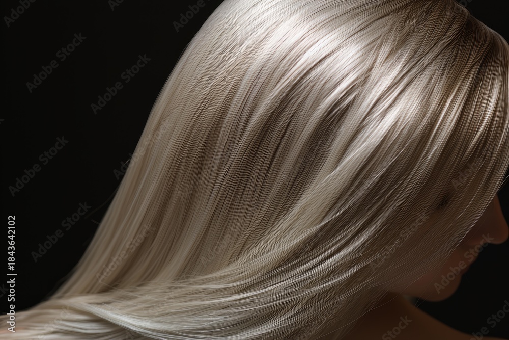 Naklejka premium Long blond hair blowing in wind on black background, creating dynamic movement and showcasing healthy, shiny texture