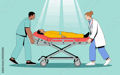 The illustration depicts a medical team working efficiently as they transport a patient on a stretcher, emphasizing the importance of care and professionalism in healthcare services.
