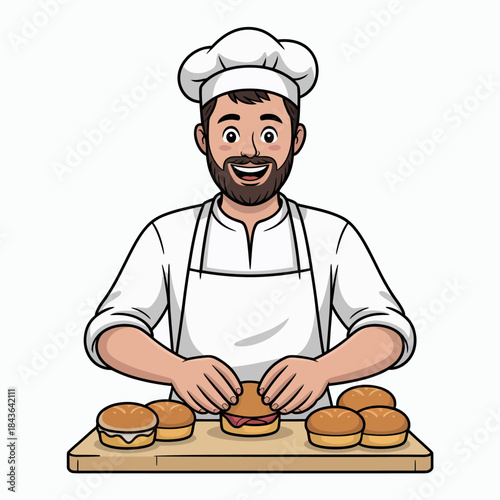 A cheerful chef passionately assembles tasty burgers in a kitchen setting, highlighting the art of cooking and the joy of creating delicious food.