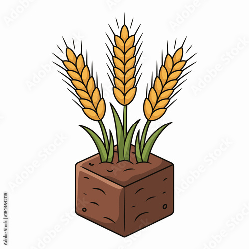 A cluster of golden wheat ears elegantly emerges from a textured block of brown soil, symbolizing growth, harvest, and the bountiful gifts of nature in a simplistic, charming style.