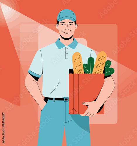 A friendly deliveryman holding a bag of groceries, emphasizing convenience and service in food delivery, showcasing the importance of delivery services in the modern lifestyle.